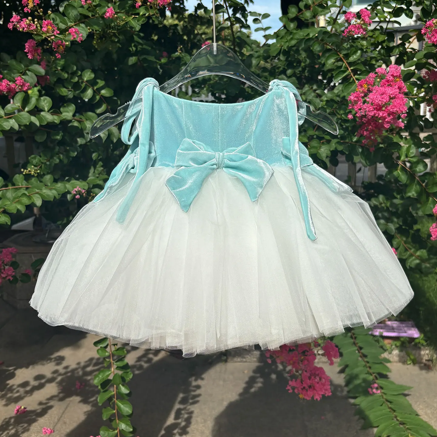 Dreamy Vow elegante rosa collo piatto senza spalline fiocco abito da ragazza di fiore festa per bambini primavera estate mini abito da sposa da ballo D117