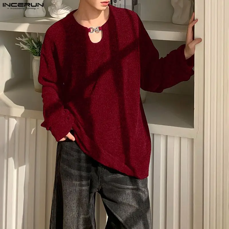 INCERUN Men Sweater Solid Color O-neck Long Sleeve Knitted Male Pullovers Streetwear Korean Style Fashion Casual Men Clothing