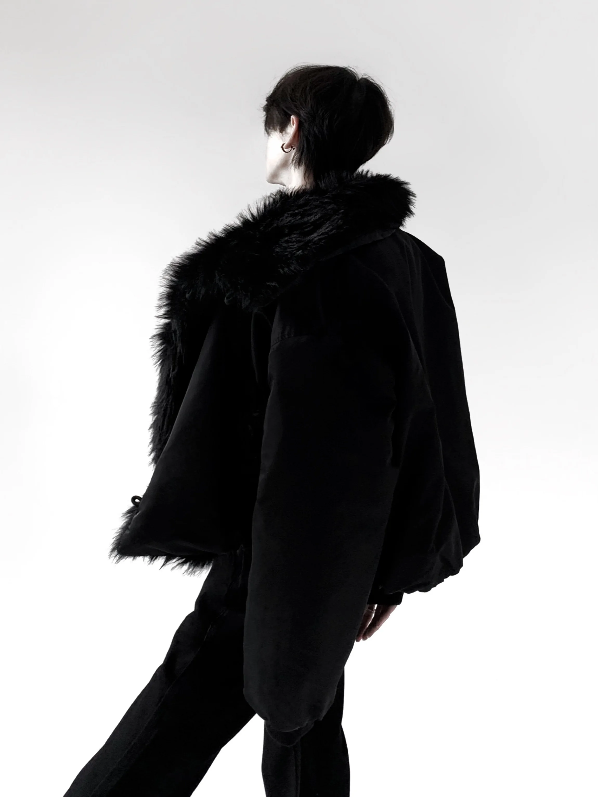 Autumn Mountain Wind Luxury Black  Fur Jacket Men's Winter Thickened Flocking Heavyweight Large Fur Collar Cotton Coat