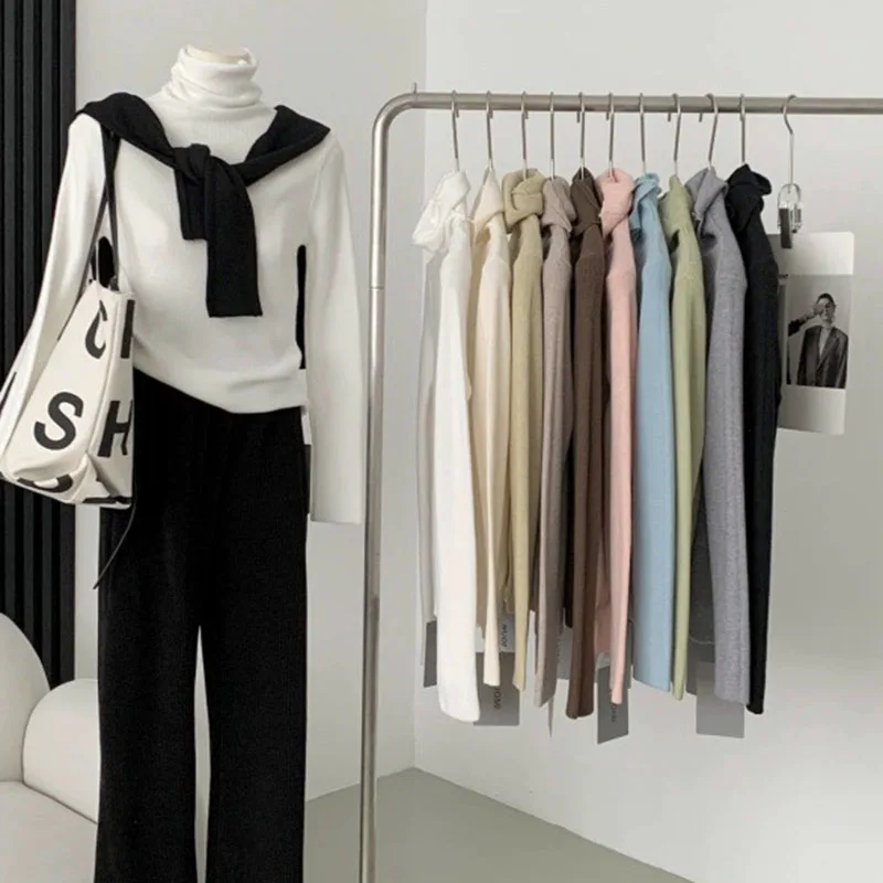 

Solid Color Turtleneck Knitted Sweater Women Simple Slim All-Match Basic Knitwear Female Autumn Winter Long Sleeve Pullovers