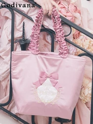 Japanese Style Sweet Cute Ribbon Pink Handbag Beautiful Fashion All-Match Bow Floral Pleated One Shoulder Quilted Women's Bag