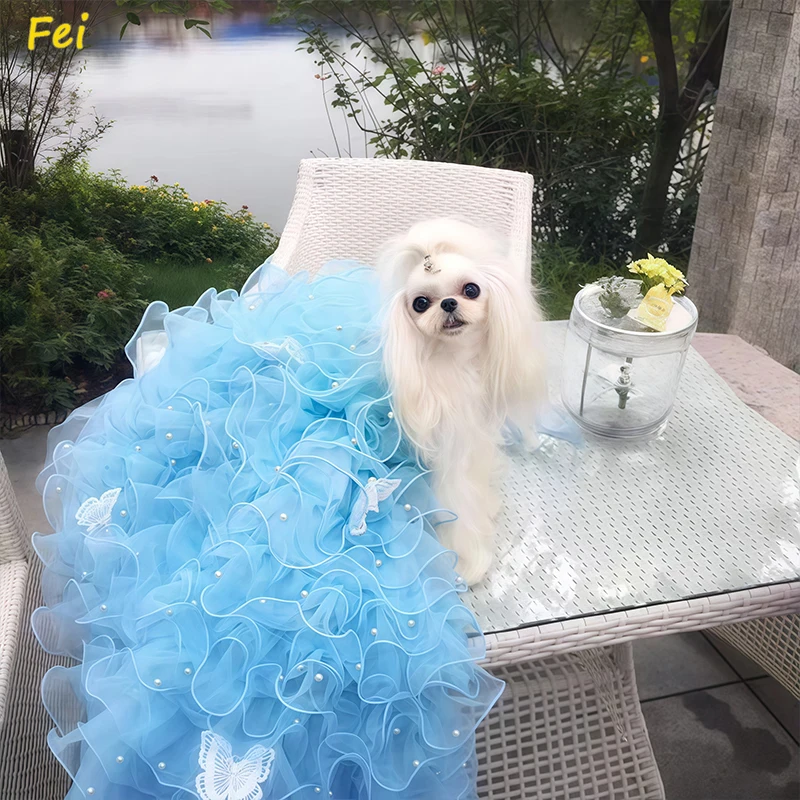 

Luxury Dog Dresses Lace Embroidery Floral Pearl Applique Handmade for Small Medium Dogs S M Pet Party Wedding Spring Cute Outfit