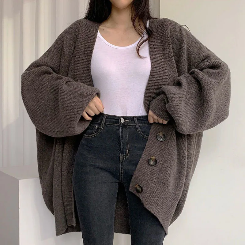 Lucyever Winter New Women Knitted Cardigan Casual Loose V-Neck Single-Breasted Sweater Coat Female Lantern Sleeve Warm Sweaters