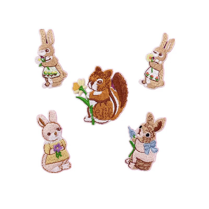 5PCS New rabbit cloth stickers bag decoration clothes hole patch stickers squirrel flower embroidery cloth stickers self-adhesiv