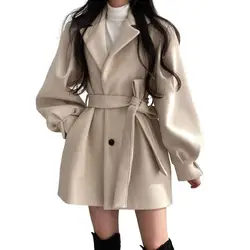 Fall Winter Women Woollen Jacket Single-breasted with Belt Thickened Jacket Long Sleeves English Style A-line Overcoat