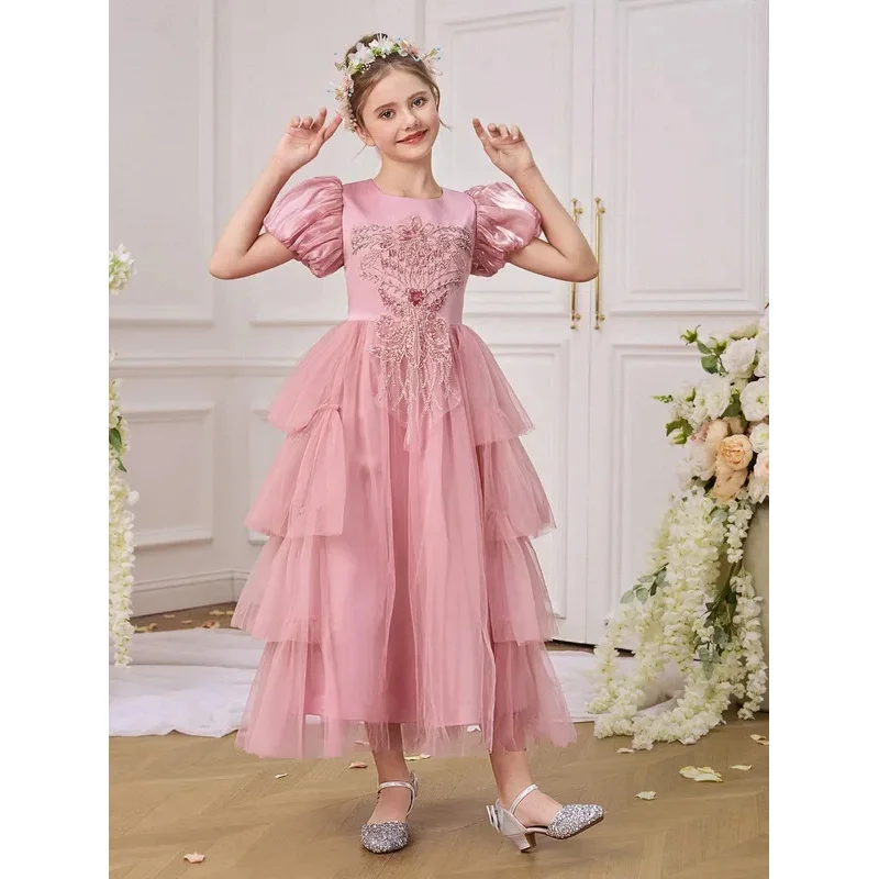 

COSda@Puff Sleeve Party Girls Dress Elegant Pink Bridesmaids Wedding Prom Gown Birthday Evening Princess Dresses Pageant Kids Cl