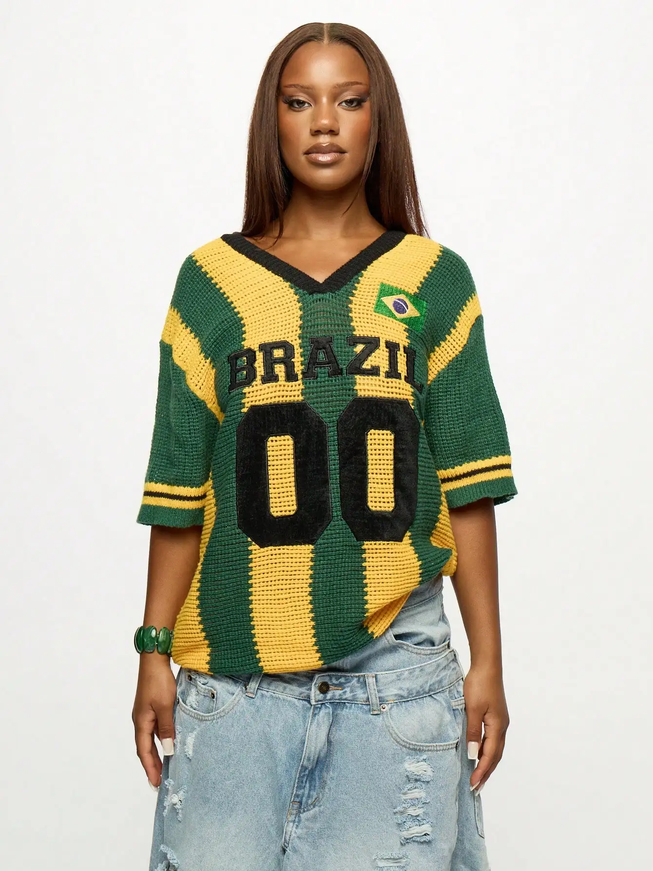 

Brazil National Team V-Neck Crochet Knit Jersey Top with Embroidered Flag & Number 00, Oversized Half Sleeve