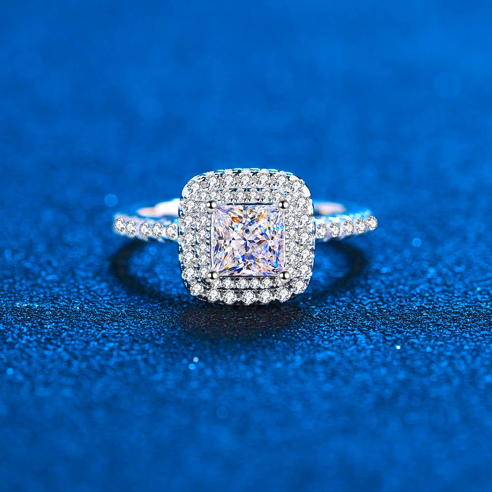 Center 1ct Princess Cut Moissanite Halo Engagement Ring Sterling Silver Promise Eternity Band Cocktail Ring for Women Girls Gift