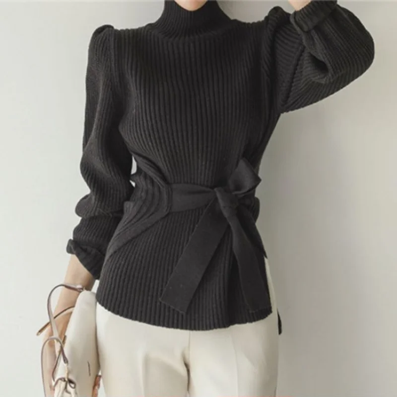 2023 Autumn Hot Selling Items Korean Casual Turtleneck Solid Color Women Clothing Lacing Long Sleeve Pullover Knitted Shirt