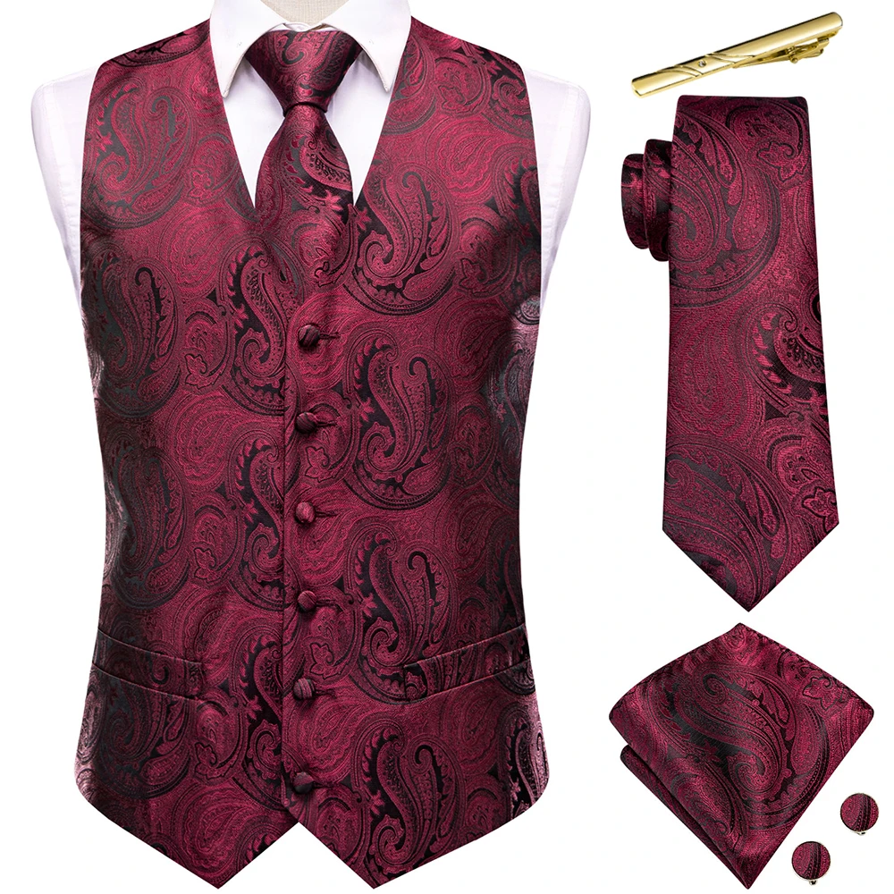 

Wine Red Paisley Men Silk Vest Jacquard SleevelessWaistcoat Jacket Necktie Clips Hanky Cufflinks Wedding Business Party Hi-Tie