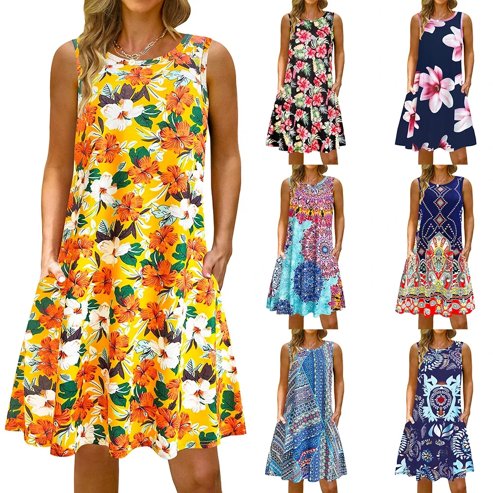 

S-5Xl Colorful Printed O Neck Long Dress Casual Bohemian Sleeveless Ladies Summer Beach Sundress Travel Pocket Shirt Party Gowns