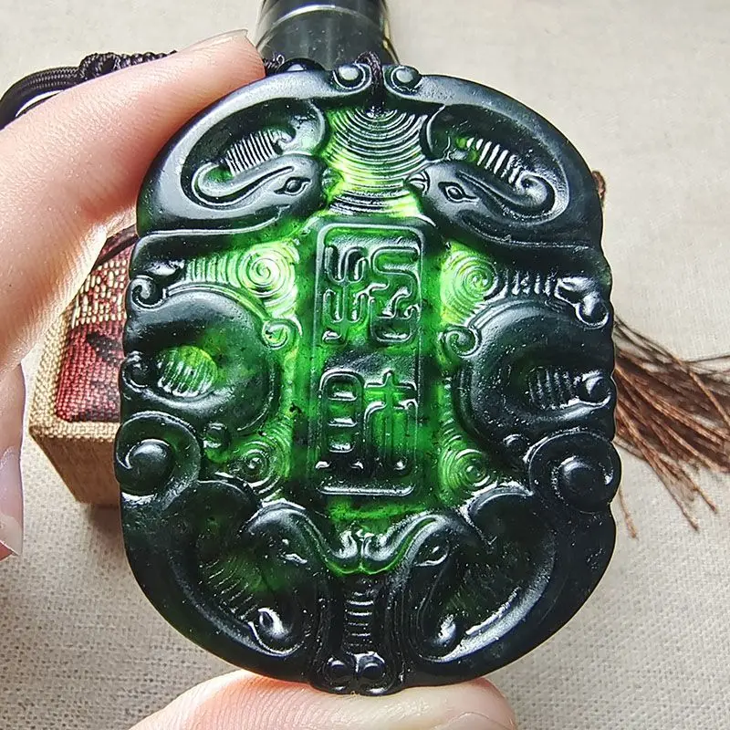 Dark green jade lucky pendant double-sided medicine Wang Shi lucky and rich necklace