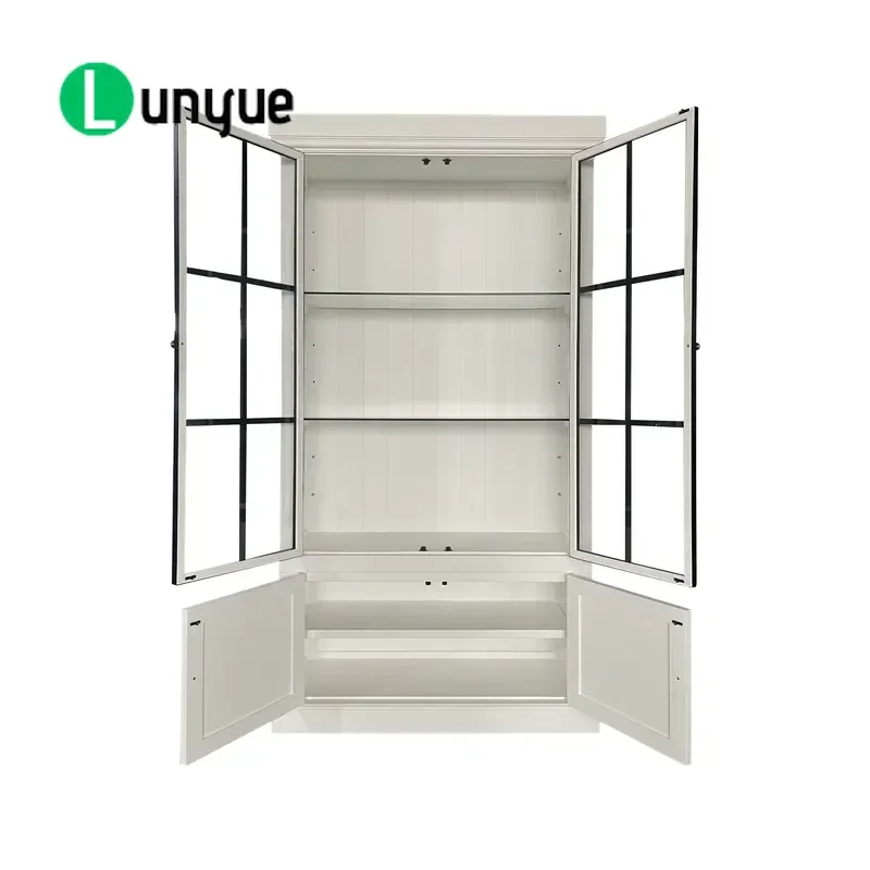 French Style Solid Wood Display Cabinet with Glass Door White Kitchen Storage Furniture Iron Frame Design Home Decor