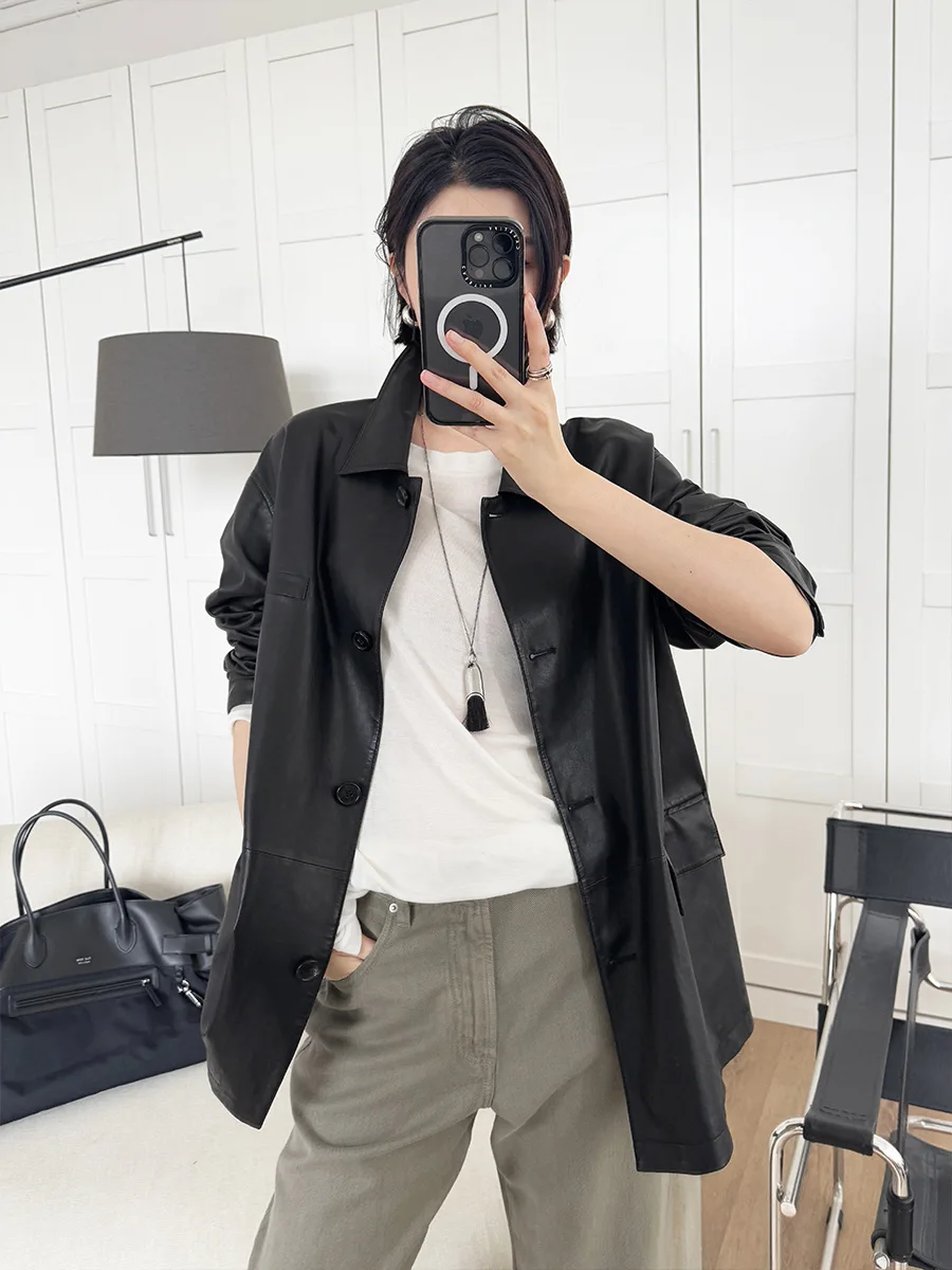 Giacca in pelle da donna, cappotto, risvolto piccolo, lunghezza media, pelle di pecora conciata al vegetale, giacca a vento, trench casual ampio