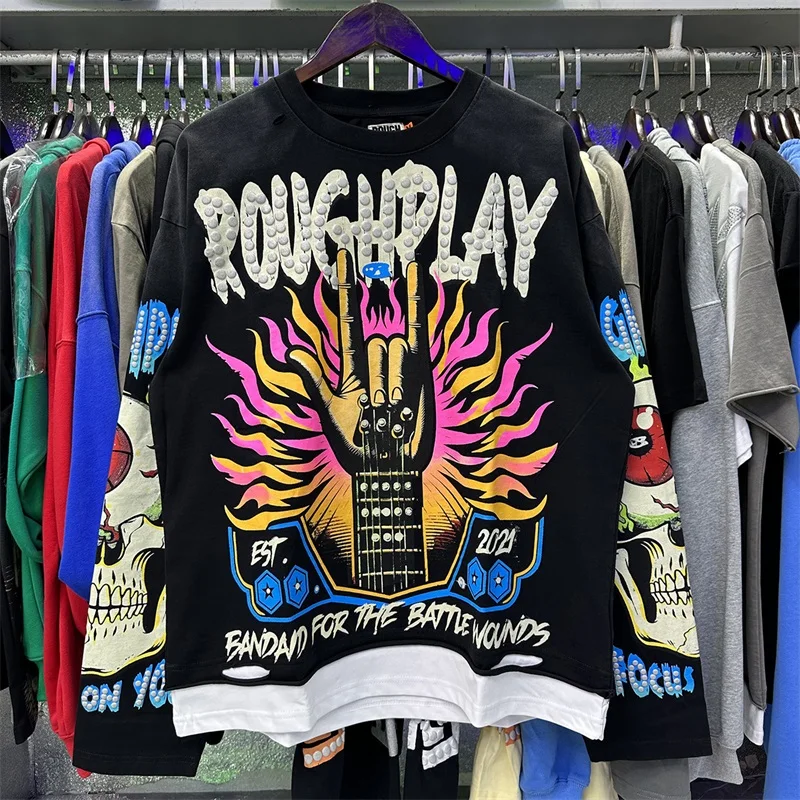 Rock Guitar Skeleton Print Rough Men's Long Sleeve T-Shirt Rhinestone Graphic Tee Distressed Streetwear Oversized Pullover