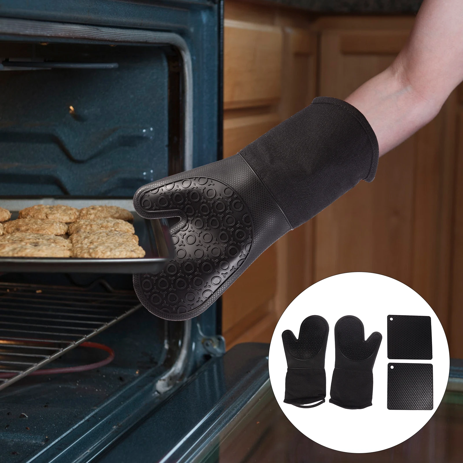 

2Pcs Thickened Placemat Set Kitchen Gloves Silicone Oven Mitts Insulation Pad Baking Mitt Heat Resistant Practical Cooking