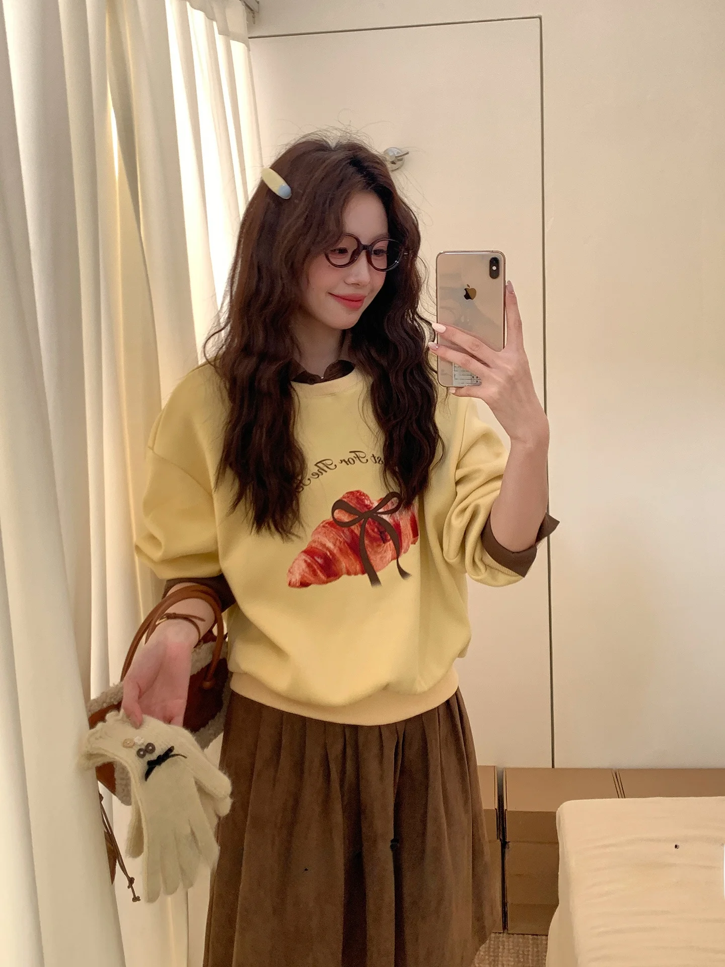 

Caramel Stripe Fce Lined Casual Loose Fit Sweatirt Korean Sle Color Blo Print Long Sve Polyester Fabric Women's S...