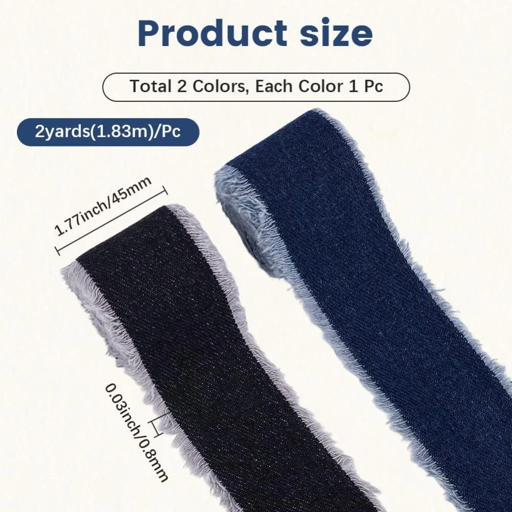 2 Colors 1 3/4 Inch Denim Blue Wired Ribbon Black Frayed Raw Edge Fabric Ribbon Trim Handmade Rustic Fringe Ribbons Bulk