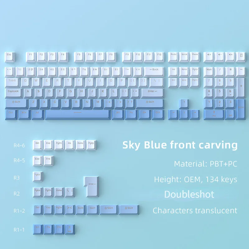 Sky Blue Shine Through Keycap PBT Doubleshot Material OEM Profile for All MX 61% 66% 98 %100% 108% Mechanical Keyboard