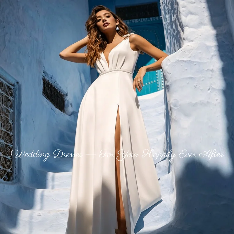 Beach Destination Bridal Gown Satin A-line Deep V Sleeveless Backless High Slit Wedding Dress Vestidos De Novia Customized