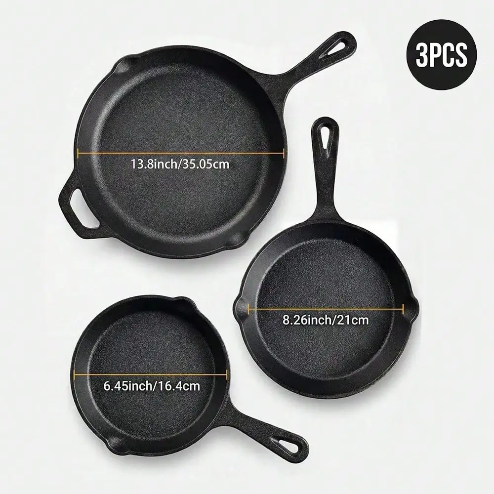 Premium Cast Iron Skillet 3-Piece Set(6/8/10 Inch) Frying Pans, Heavy-Duty Pre-Seasoned Pan Cookware Set - Non-Stick Skillet With Drip Spout, For Frying, Saute, Cooking, Pizza & More, Perfect For Holiday Cooking, RV Use,sh260426132126967934511