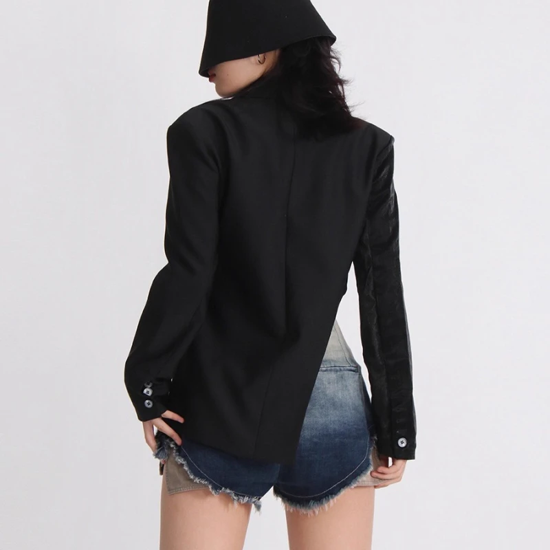 Punk Personality Sweet Cool Asymmetric PU Leather Splicing Women's Coat Original Hollow Out Zipper Button Black Blazer Ladies
