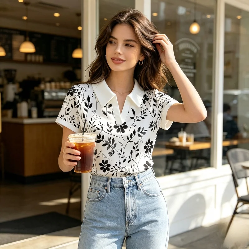 2026Women's fashionable and versatile buttonless design Polo Shirt，White monochrome photography monochrome black ，Fashion