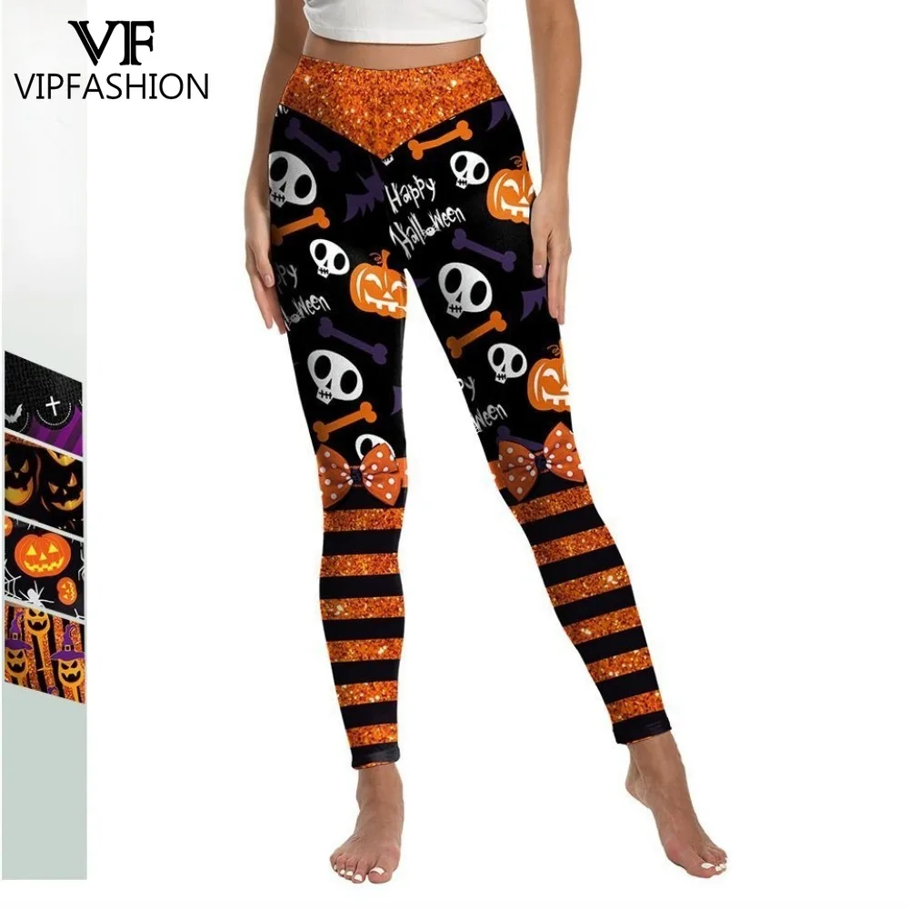 

VIP FASHION Orange Ghost Halloween Leggings for Women 3D Digital Printed Pants Festival Cosplay Party Leggings Workout Gifts