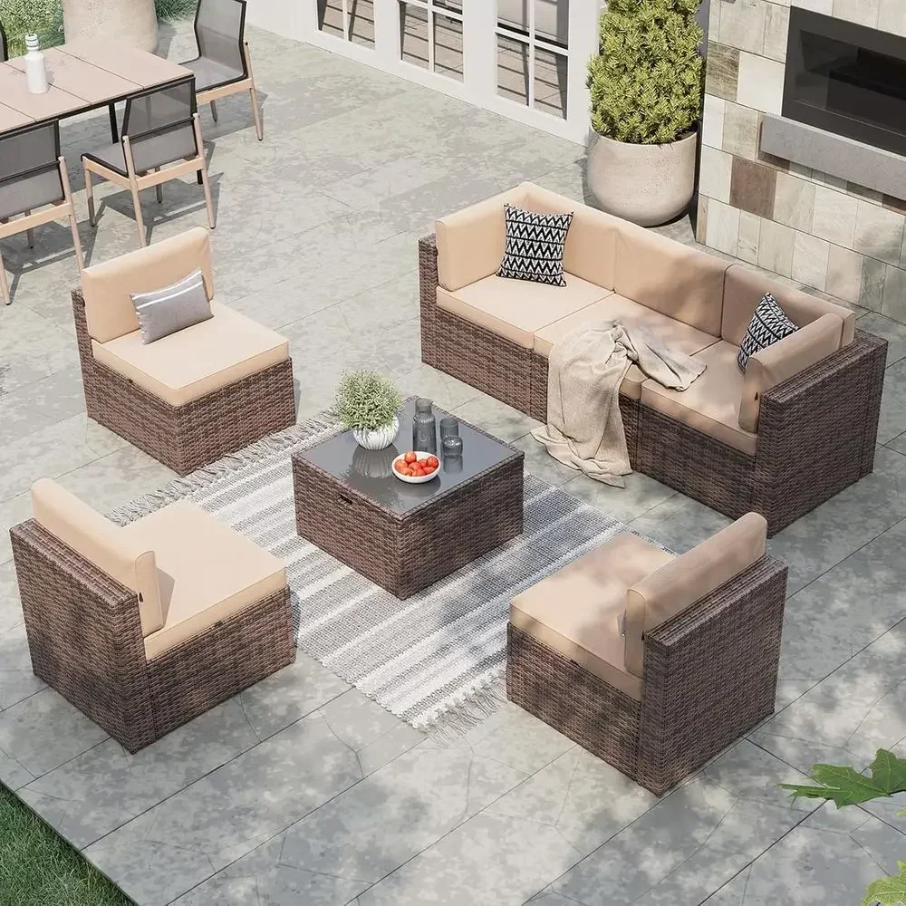 All-Weather Wicker 7-Piece Patio Furniture Set with Storage Coffee Table for 6, Suitable for Outdoor Sectional Sofas and Garden