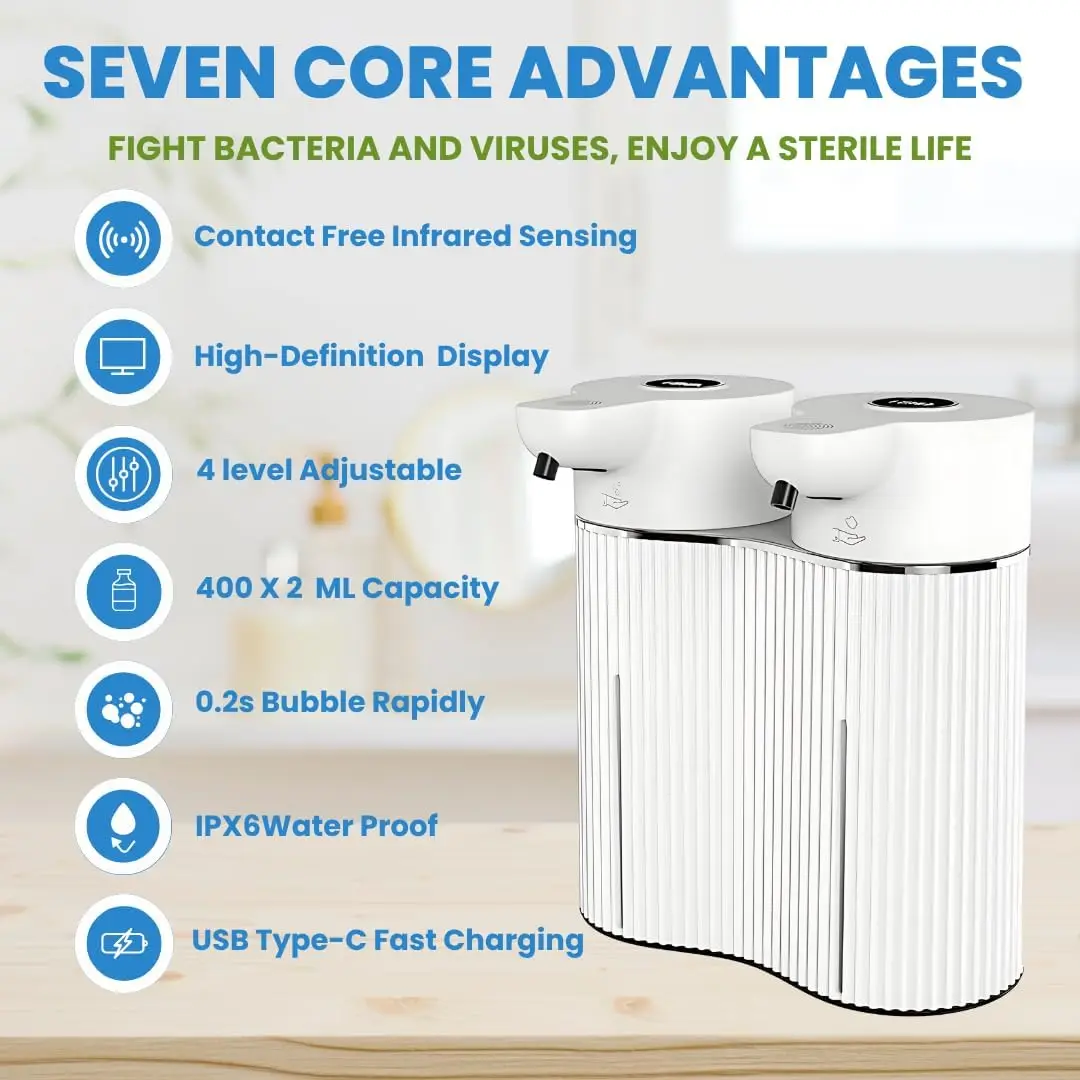 

800ML Touchless Wall Mounted IPX6 Waterproof 4Levels Adjustable Electric Automatic Double Head Foam Liquid Sensor Soap Dispenser