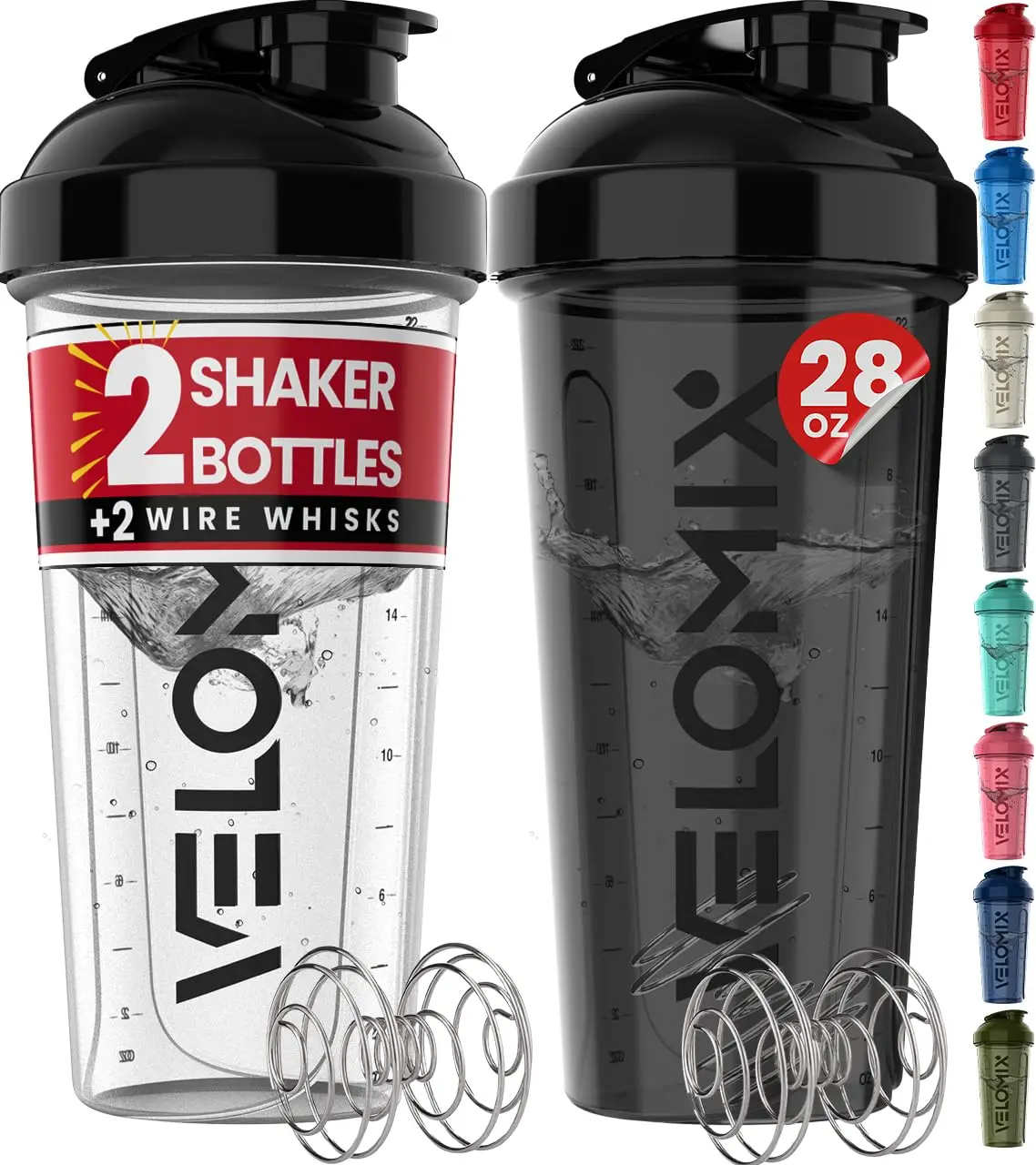 

-2 Pack- 28 oz Protein Shaker Bottles for Protein Mixes - 2x Wire Whisk | Leak Proof Shaker Cups for Protein Shakes