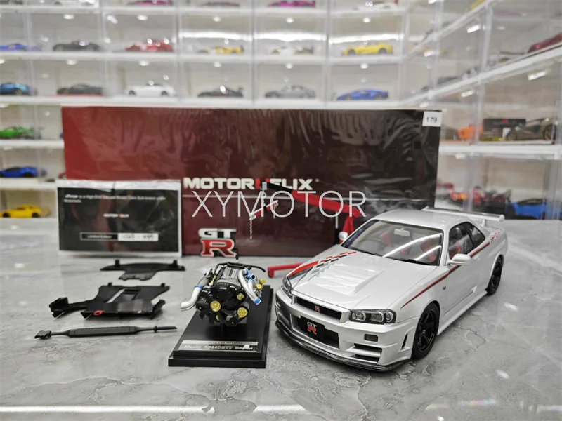 닛산 스카이라인 GT-R R34 용 Motorhelix 1/18, 맞춤형 금속 다이캐스트 모델 자동차, 파란색, 실버, 흰색 선물 전시 컬렉션