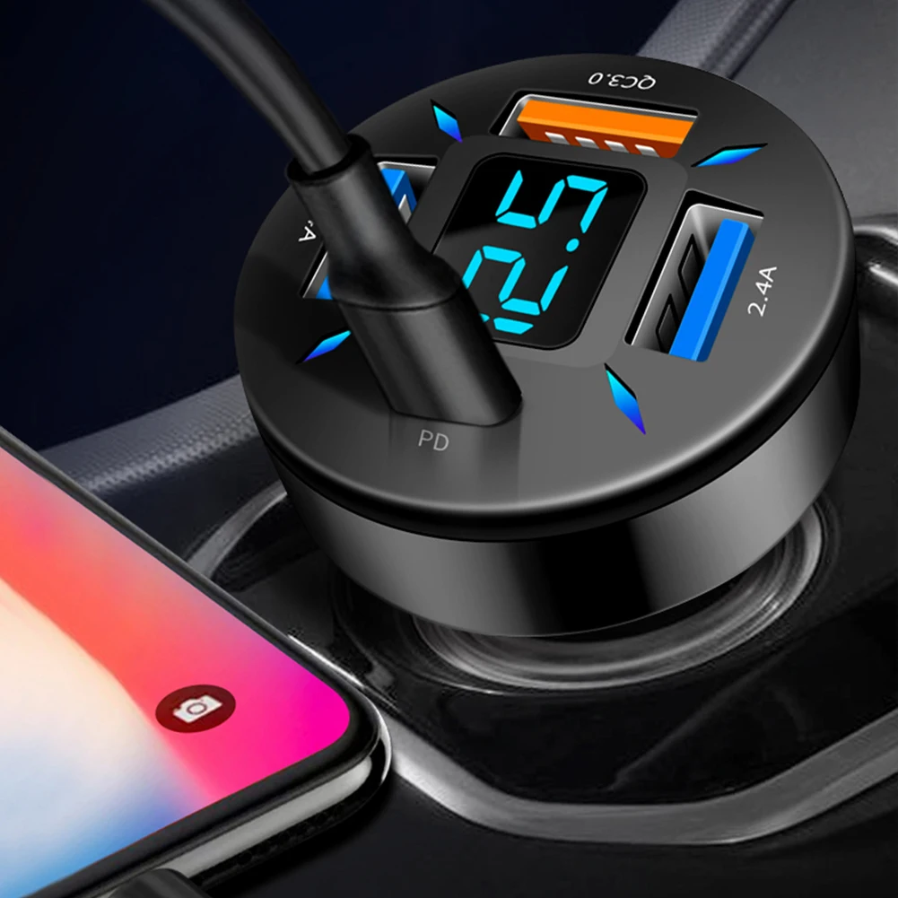 Car Charger Compact 4 Port USB Car Charger with Fast Charging Smart Shunt and Digital LED Display for All Cars