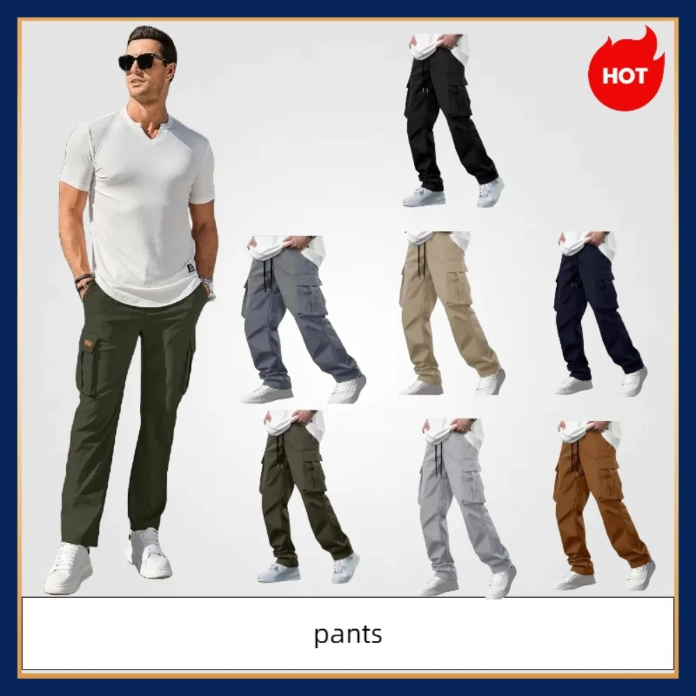 

2025 Summer New Men's Cargo Pants European and American Drawstring Multi-Pocket Casual Trousers