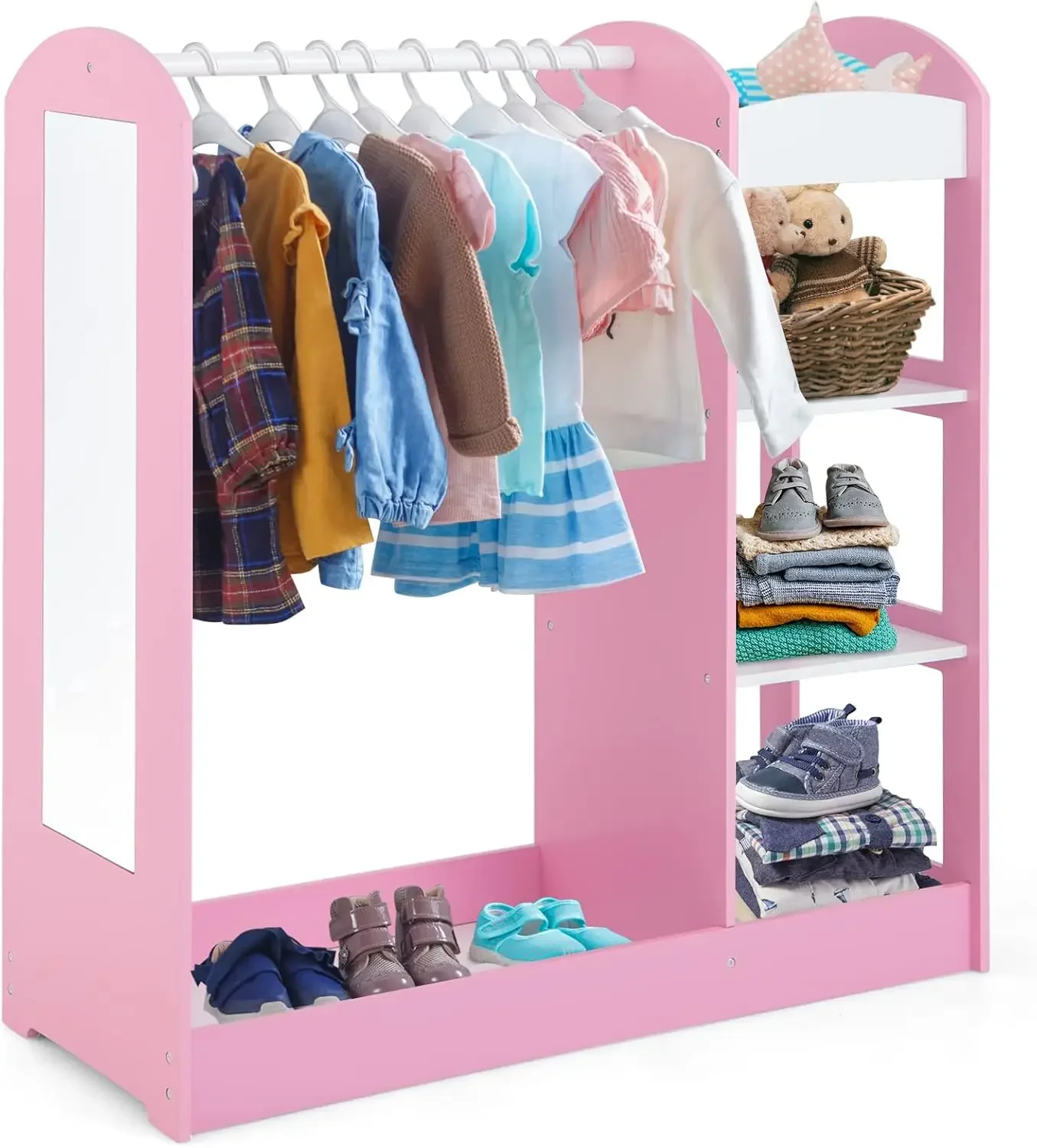 Kids Dress up Storage with Mirror, Clothes Rack, 3-Tier Shelves, Bottom Tray, Pretend Play Costume Dresser Organizer