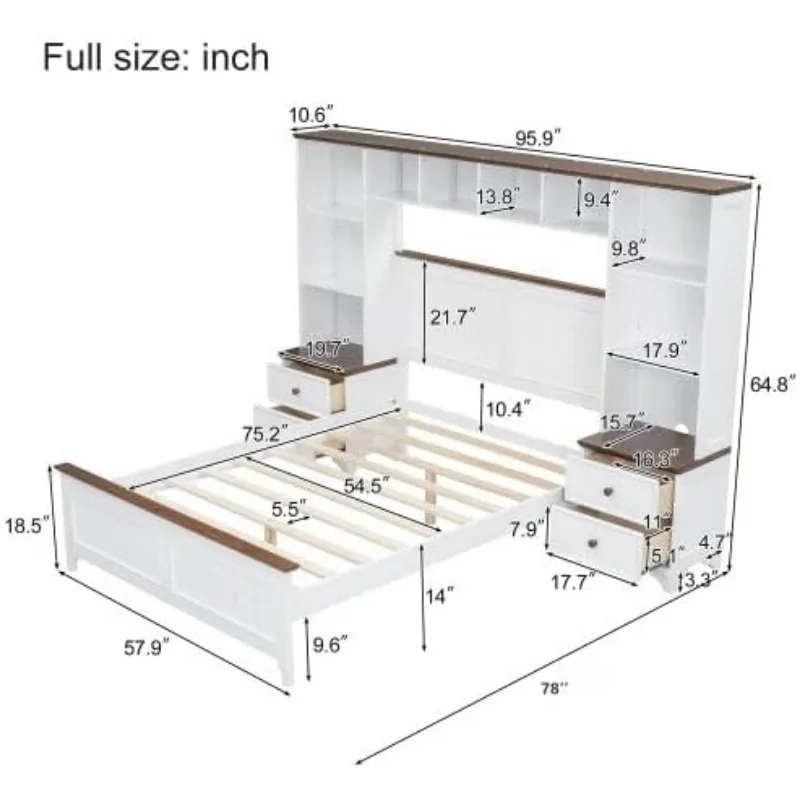 Full Size Platform Bed with All-in-One 2 Nightstands, Wooden Full Bed Frame with Bookcase and Storage Shelf