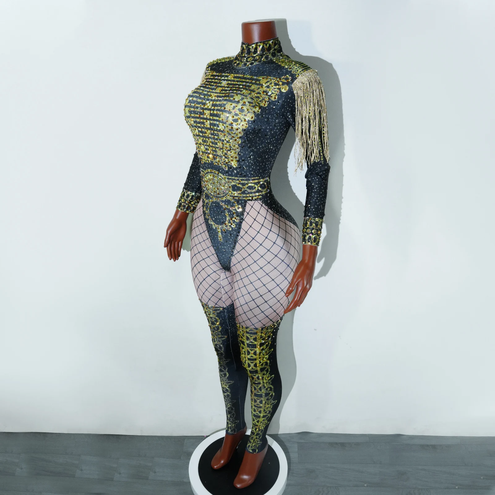sexy strass scintillanti frange oro body tuta pole dance cantante discoteca performance sul palco costume drag queen abbigliamento