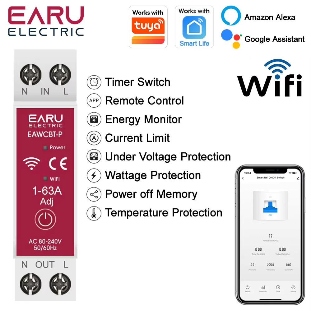 EARU Tuya App Smart WiFi MCB Circuit Breaker Current Voltage Power Energy kWh Meter Protector Timer Relay Switch Remote Control