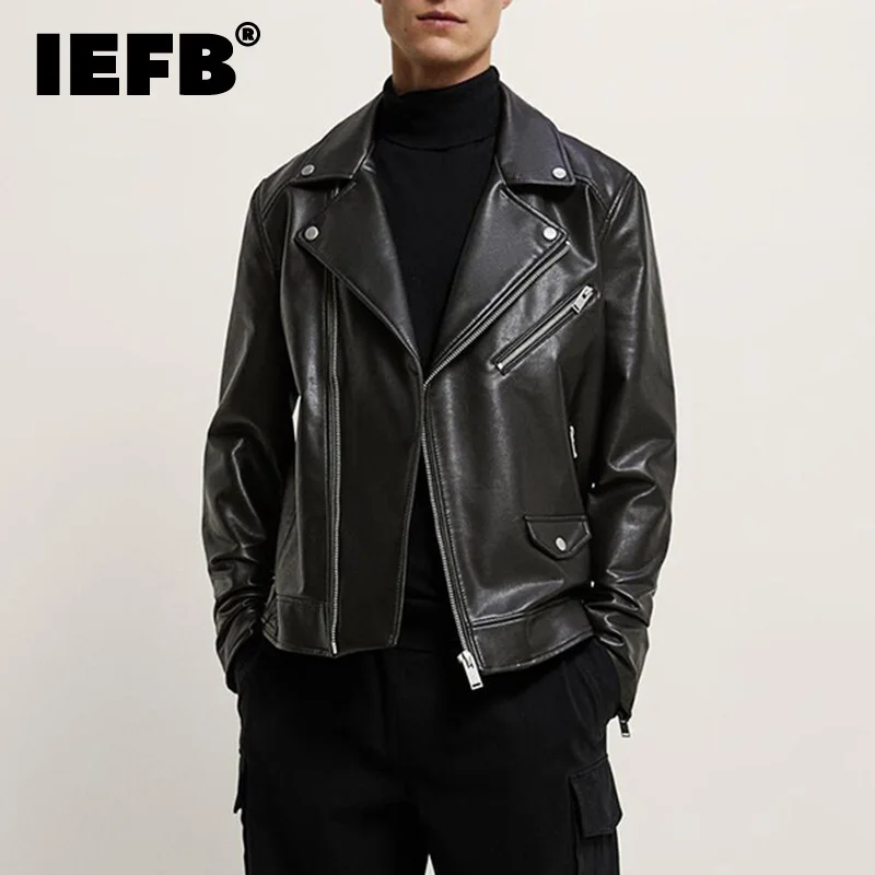 IEFB Autumn Men\'s PU Leather Jacket Fashionable Lapel Imitation 2023 American Solid Color Darkwear Zipper Male Coat 9A5940