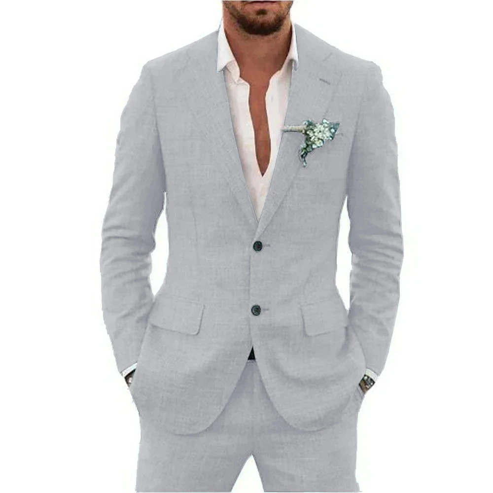 Casual Linen Suit for Men Notched Lapel Slim Fit 2 Pieces for Wedding Dresses Summer Beach Tuxedo Suits for Men