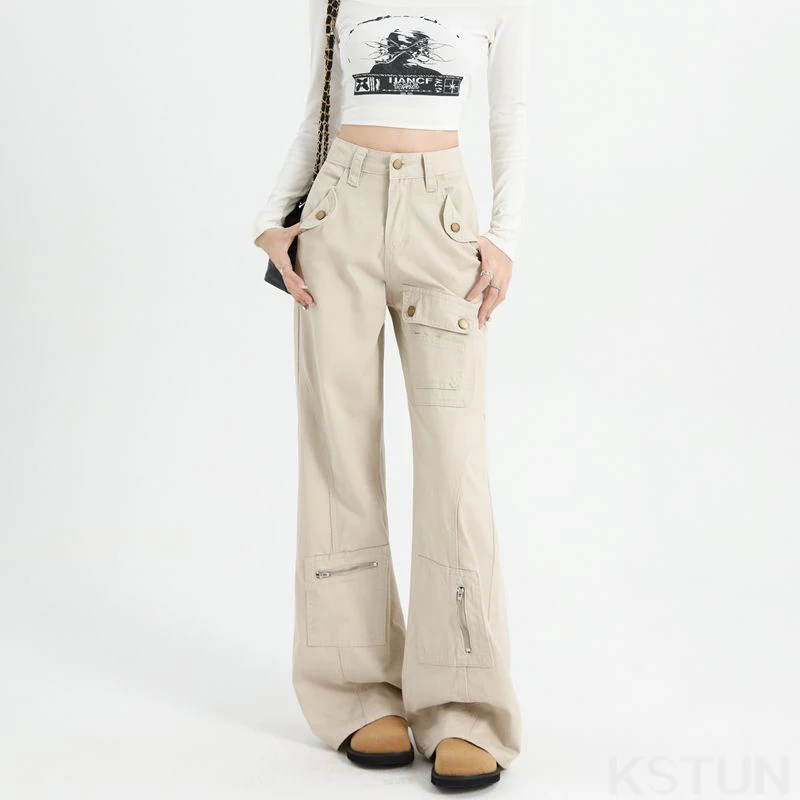 KSTUN Chique cargobroek met hoge taille en wijde pijpen, rechte bootcut-broek voor dames, meerdere keten American Street Sle Retro Design