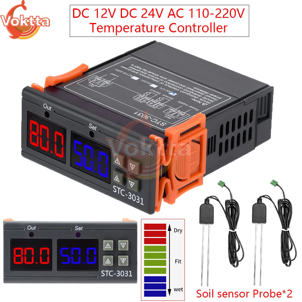 STC-3031 LED regolatore di umidità digitale doppio sensore regolatore di umidità del suolo termoregolatore di umidità relè DC12V/24V AC220V