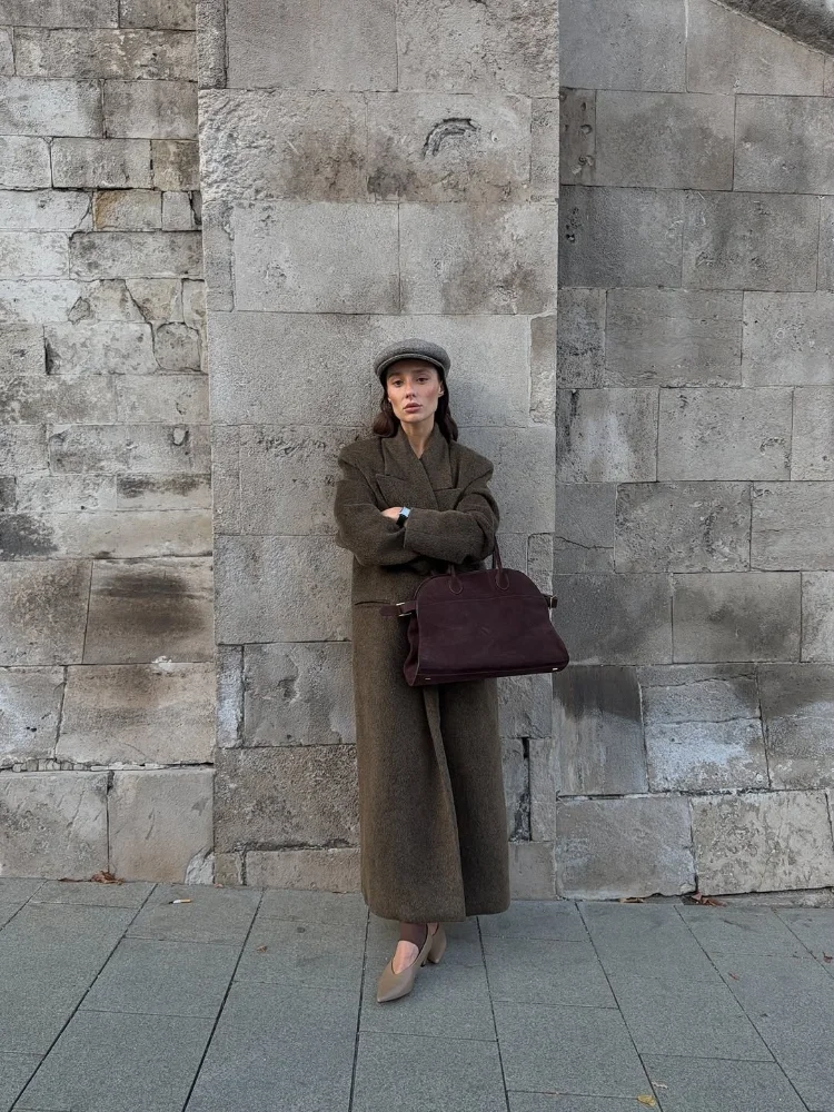 

Fashion Women Solid Woolen Overcoat Elegant Lapel Long Sleeve Loose Shoulder Pad Coat 2025 Autumn Winter Lady Commuter Outerwear