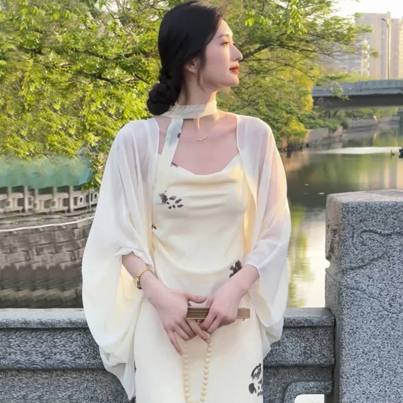 New cloak paired with cheongsam skirt shawl outer layer  chiffon cardigan sun protection clothes for women Poncho