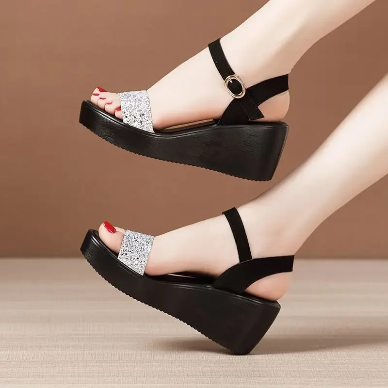 Women\'s Sandals Wedges Heel Rhinestones Diamond Platform Ladies Shoes New Breathable Fashion Summer 2024 Offers Sales Luxury