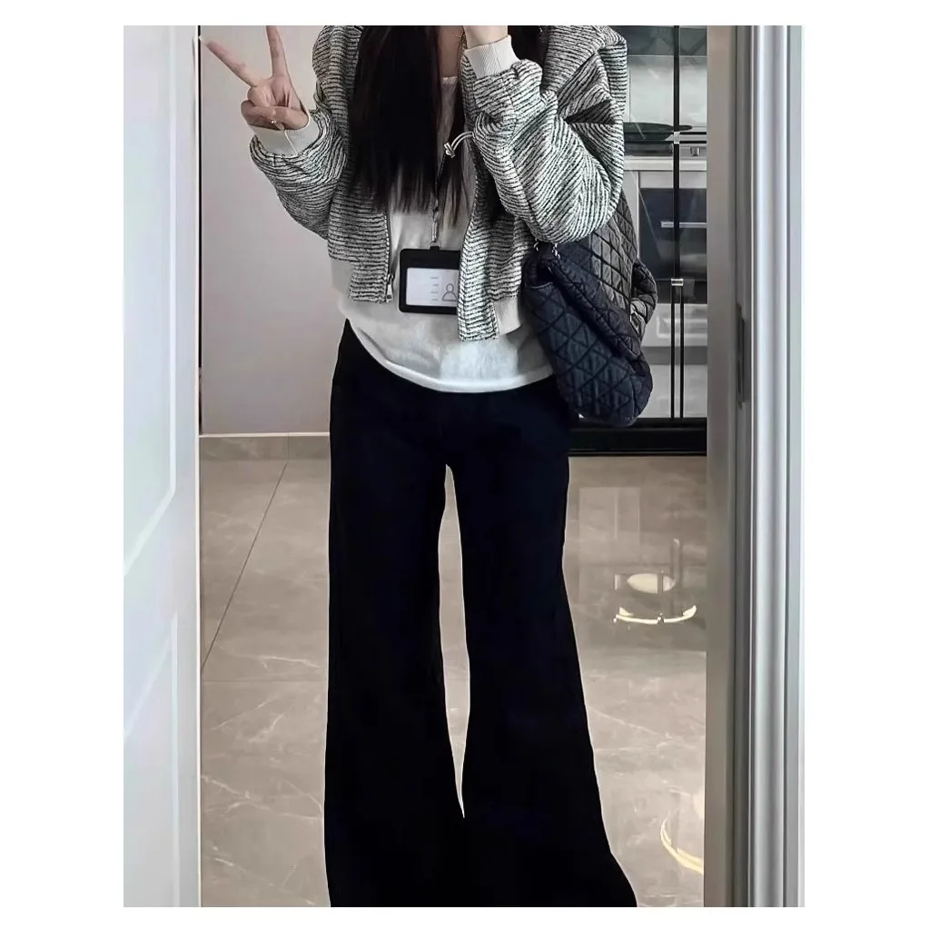 ربيع جديد Bla ارتفاع الخصر واسعة الساق الجينز المرأة التخسيس فضفاضة تناسب Bootcut الكاحل طول السراويل القطن تمتد الدنيم