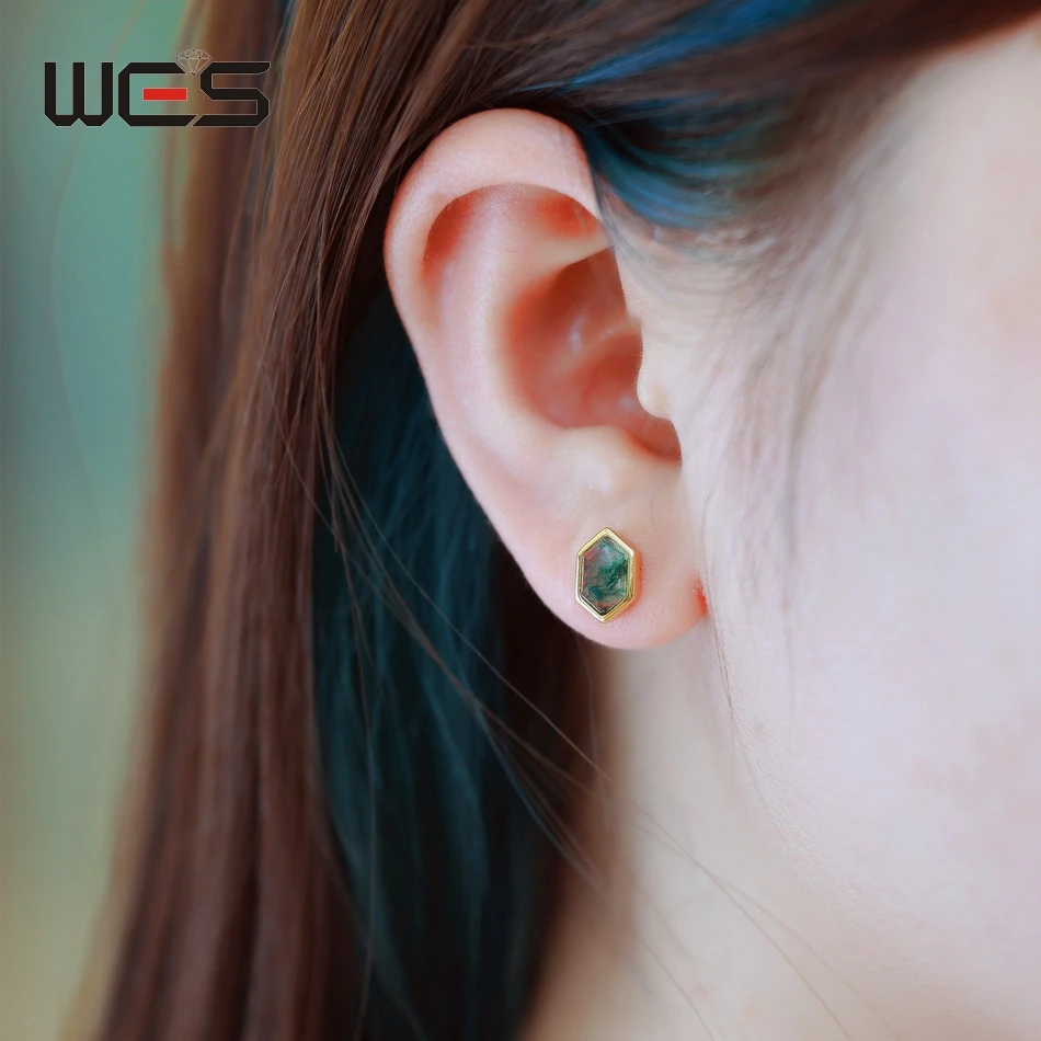 WES 925 Sterling Silver Natural Moss Agate Earrings for Women Inlaid Geometric Natural Unique Gem Engagement Gift Wholesale