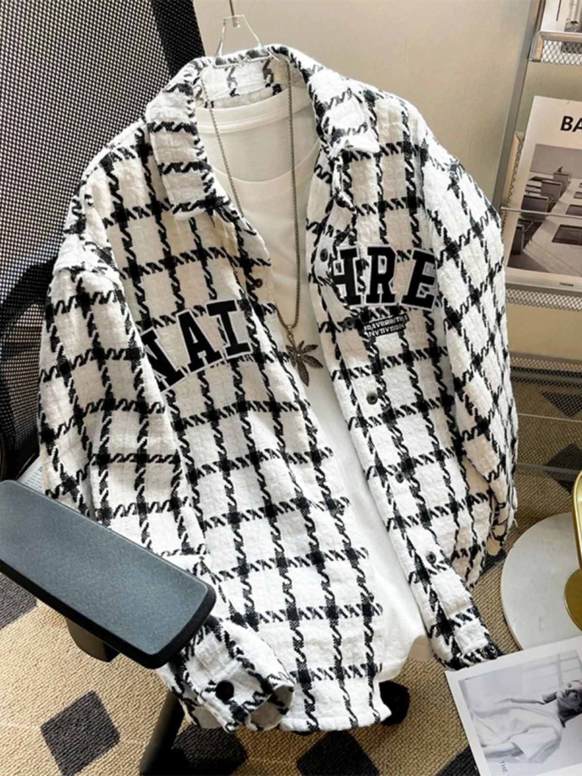 

Мужская клетчатая куртка в стиле преппи, весна-осень, новая американская ретро-модель, трендовая, высокого качества, для пар, свободного кроя, с вышивкой