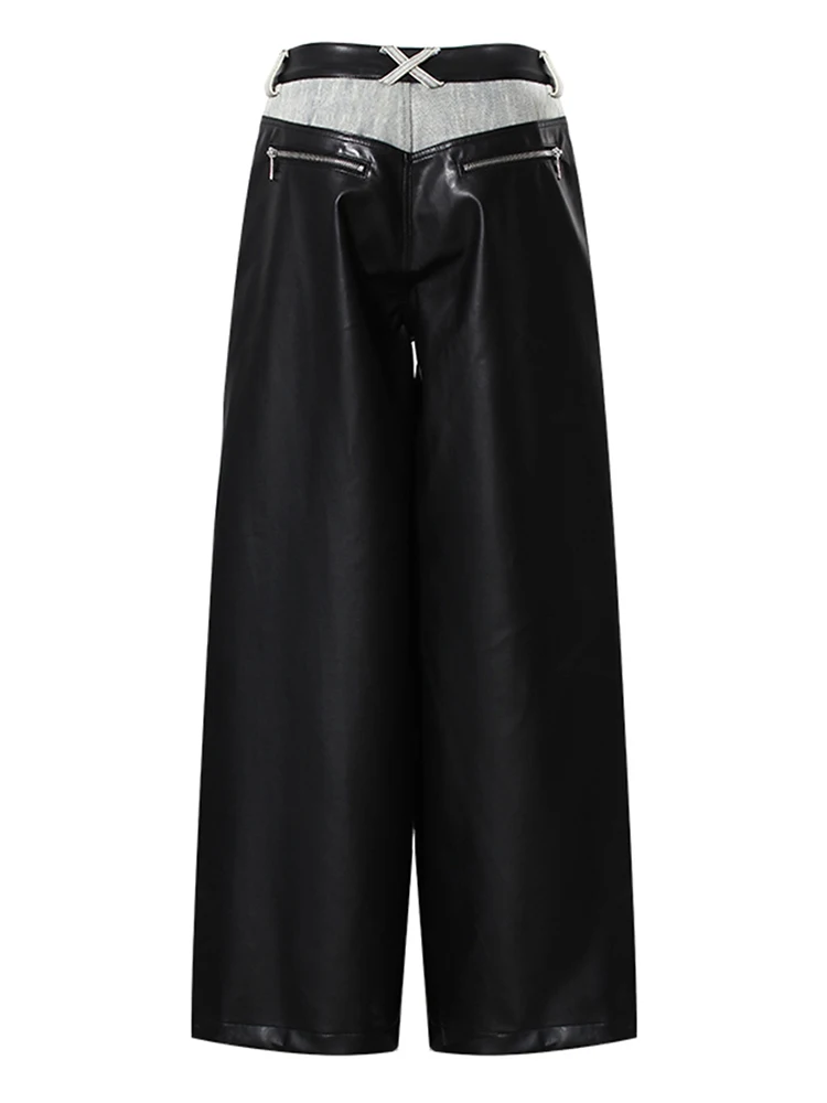 [EAM] High Waist Black Color-block Leather Denim Long Wide Leg Jeans New Loose Women Trousers Fashion Spring Autumn 2024 1DH3903