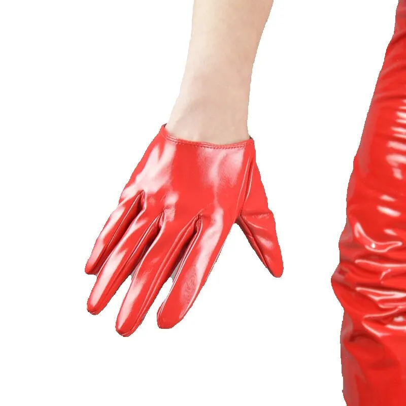 

13cm Leather Gloves Female Short Style Faux Sheepskin Leather Women PU Gloves Shiny Red Nightclub Party Cosplay HPU14